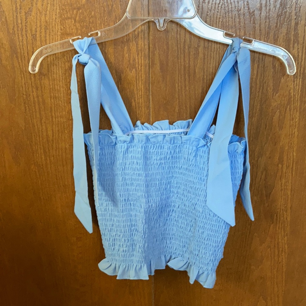 KAMISSY Women's Frill Smocked Crop Tank Top Tie Shoulder Strap Vest Size M